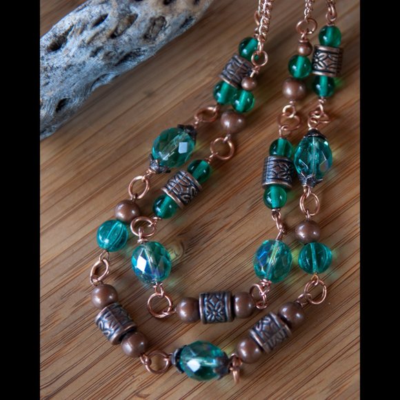 Hand Crafted Jewelry - NEW Handmade - Aqua Green Glass and Copper Necklace